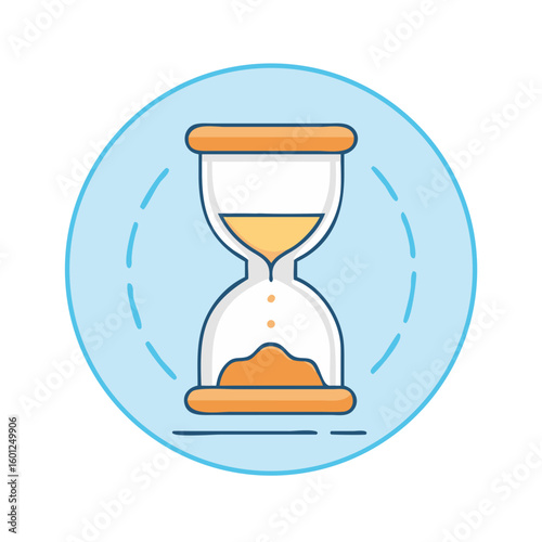 Stylized hourglass with sand flowing inside, set within a circular blue frame