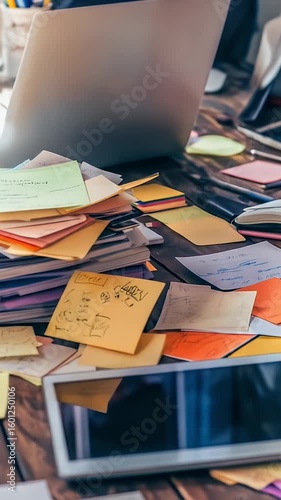 Stacked papers, sticky notes, and devices litter a workspace on a rustic wood desk