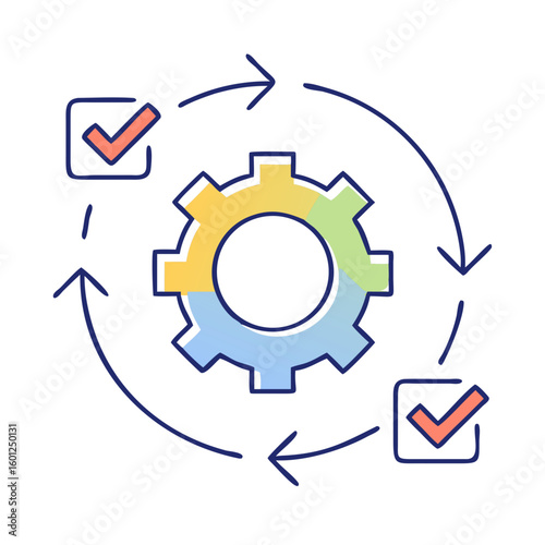 Workflow Process Automation with Gears Checkboxes and Arrows Indicating Cycle