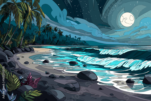 Serene Night Beach Scene with Moonlit Ocean Waves and Palms