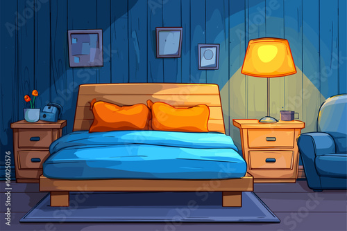 Cozy Bedroom Illustration with Wooden Furniture and Warm Lighting