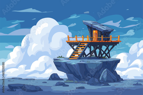 Stylized Seaside Lifeguard Tower on Rocky Cliff with Cloudy Sky
