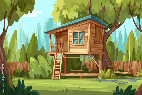 Charming Treehouse Surrounded by Lush Greenery in a Peaceful Backyard