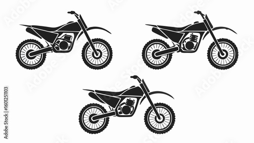 Three Clean Black and White Dirt Bike Silhouettes: Side View Illustrations, Perfect for Design Projects.