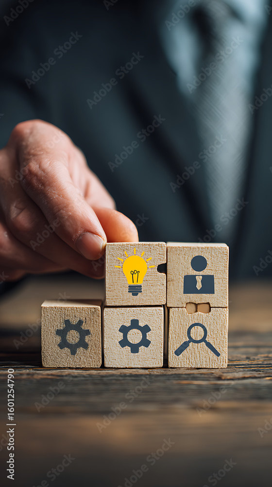 Obraz premium Wooden cubes with business icons arranged in a grid with a hand placing one strategy concept