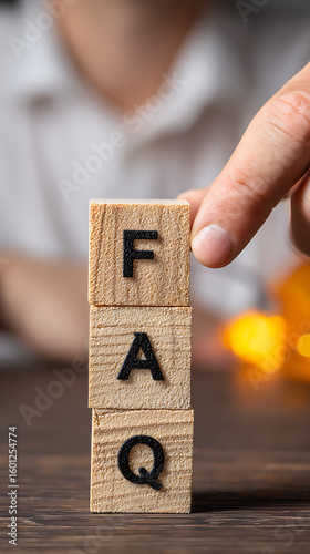 Wooden cubes stacked spelling out F A Q with a finger touching the top cube letters frequently asked questions