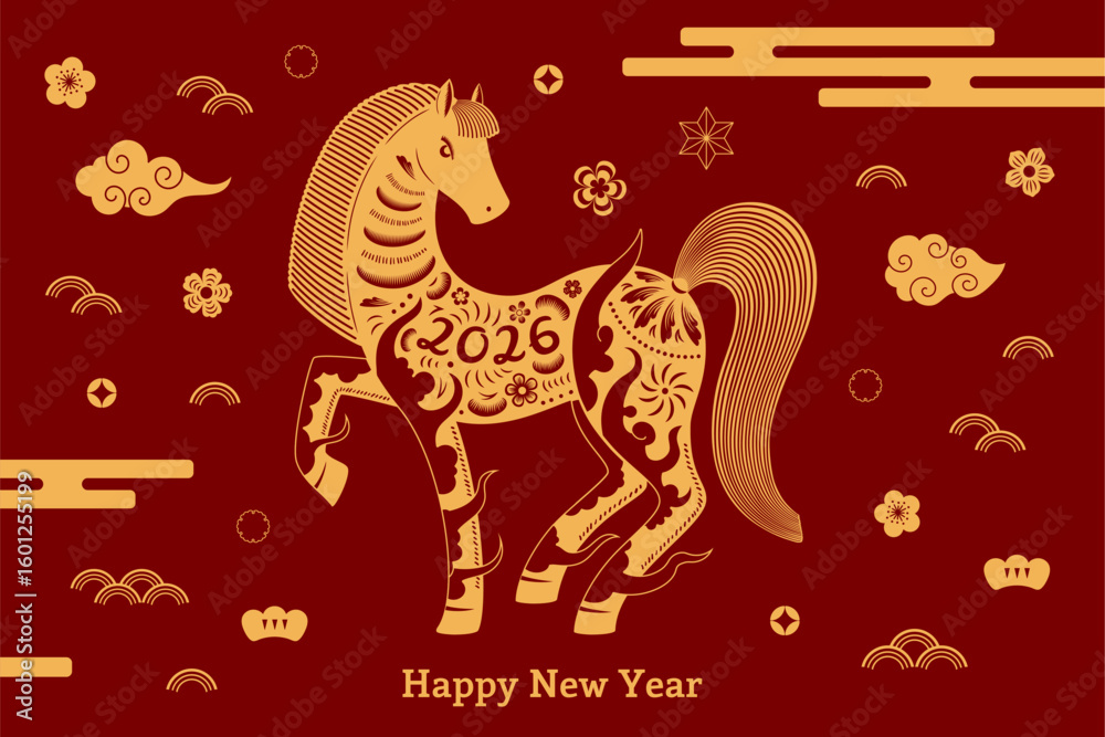 Fototapeta premium 2026 Chinese Lunar New Year horse paper cut silhouette, abstract elements, clouds, plum blossoms, typography, gold on red. Vector illustration. Flat design. Traditional holiday celebration elements