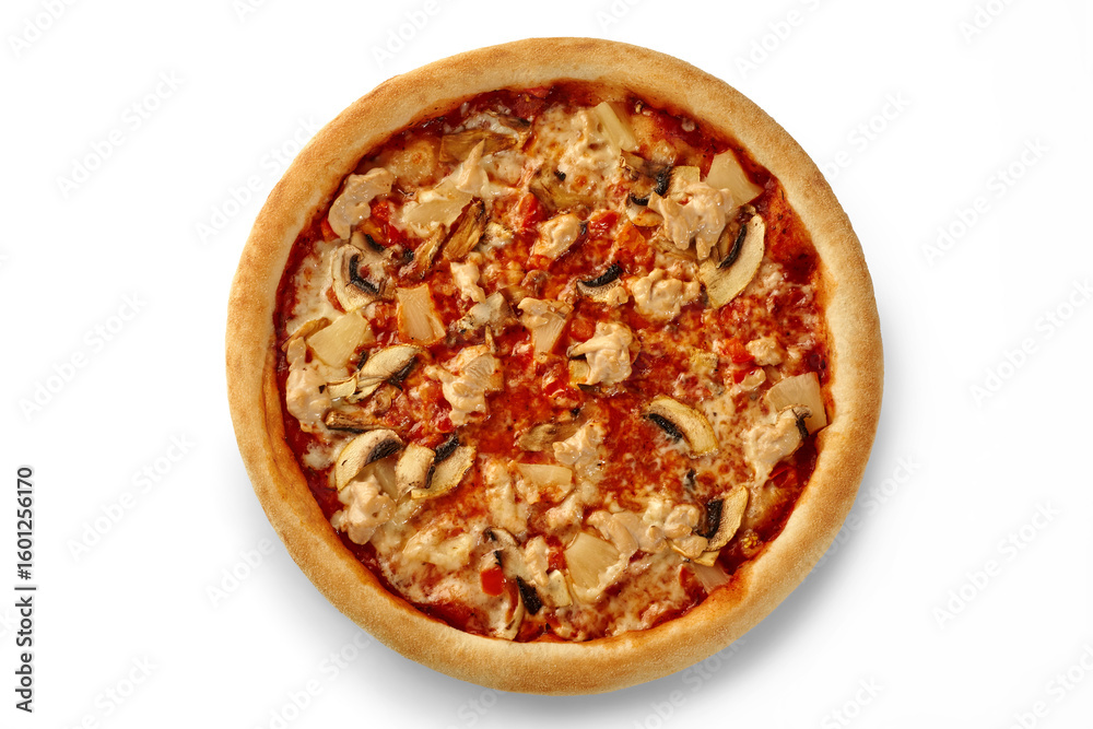 Delicious pizza with chicken, mushrooms, and melted cheese on white background Delicious pizza with chicken, mushrooms, and melted cheese on white background