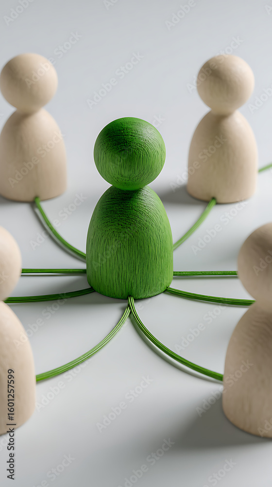 Obraz premium Wooden figures connected by green wires in a network people connection