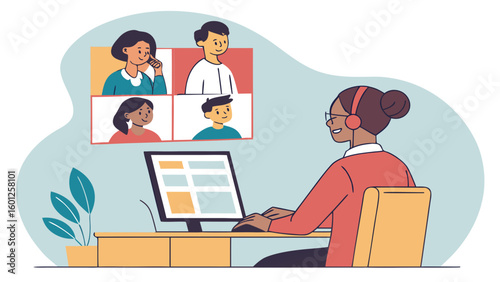 Illustration of a woman in a video conference call working from home on computer with colleagues online