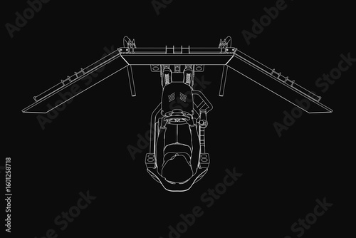 A young woman sits in a gaming chair, intensely focused on a racing simulator with a steering wheel. The top-down vector illustration features clean white line art on a black background, emphasizing.