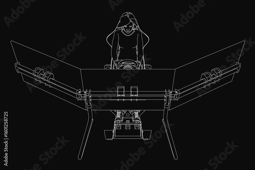 A woman operates a drone simulator in a dark room, gripping the controller with focus.