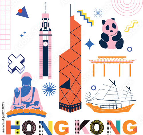 Typography word “Hong Kong” branding Memphis concept. Collection of flat vector web icons. Chines culture travel set, famous architectures and specialties detailed silhouette. Asian famous landmark.