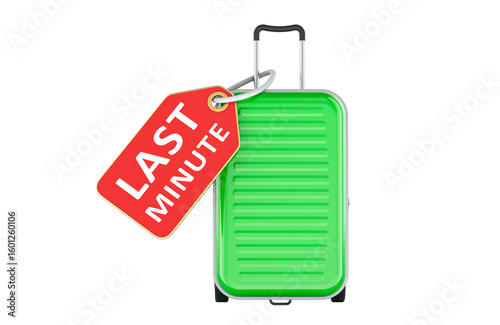 Last minute travel, concept with suitcase and red tag. 3D rendering