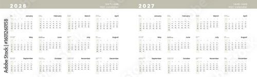 Set Hijri islamic 1447-1448, 1448-1449 and Gregorian calendar for 2026, 2027 year. Vector Annual Calendar template with week start Sunday in English.