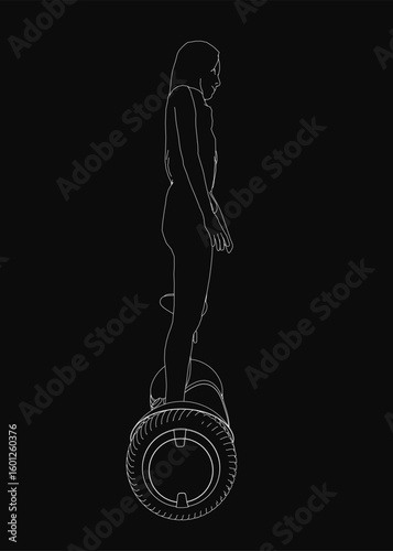 A young girl glides effortlessly on a futuristic hoverboard, her silhouette sharply defined against a dark background. Dynamic contour lines emphasize motion and speed, while her flowing hair adds.