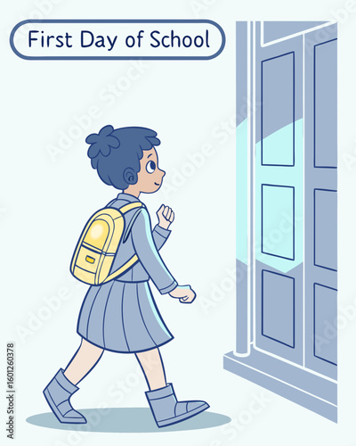 school, backpack, student, learning, education, classroom, books, teacher, study, children, girl, window, door, dress, boots, walk, happy, child, cartoon, illustration, youth, knowledge, academic, beg