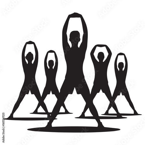 Group of diverse people performing a synchronized exercise routine with arms raised in a fitness class