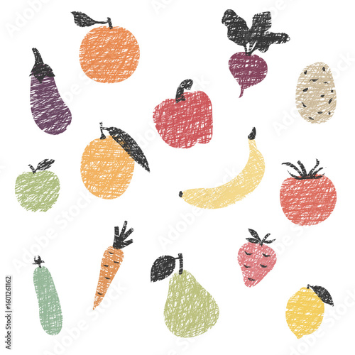 Children's drawing with wax crayons. World Vegan Day. Tasty and healthy. Eggplant, potato, orange, apple, carrot, pear, tomato, lemon, mango, pepper, cucumber, strawberry, radish, beetroot,