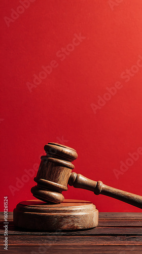 Wooden gavel resting on sounding block against vibrant red background justice