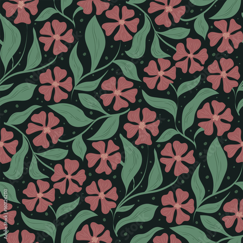 Rich, moody seamless pattern with pink flowers. Stylish hand-drawn floral background for wallpaper, upholstery, fashion textiles