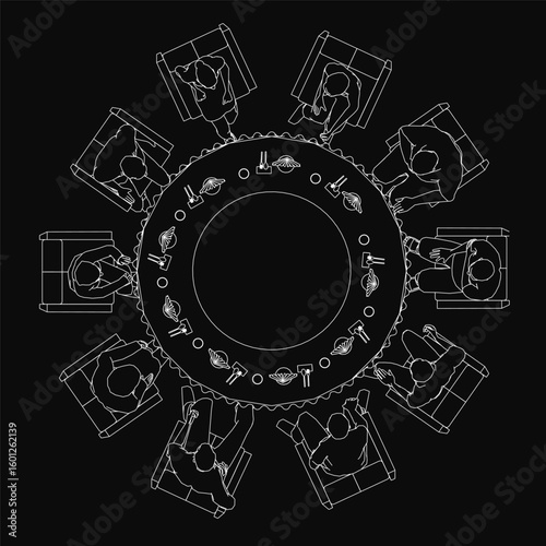 A circle of people sits around a table in a black and white contour illustration. The figures are arranged in a circular pattern, each in a unique position.
