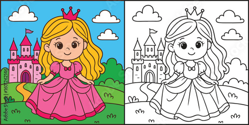 Coloring page for liitle kids with a cute little Princees with her castle in the background with colored template
