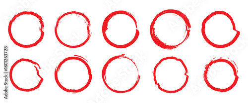 Grunge circles brush set. red circle frames. Round line of red paint. Grunge round shapes. Circular ink brush stroke fro design elements. Vector illustration.