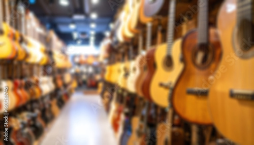 Blurred  acoustic guitars displayed at the store for passionate musicians.