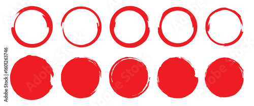 Grunge circles brush set. red circle frames. Round line of red paint. Grunge round shapes. Circular ink brush stroke fro design elements. Vector illustration.