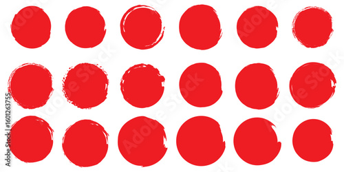 Grunge circles brush set. red circle frames. Round line of red paint. Grunge round shapes. Circular ink brush stroke fro design elements. Vector illustration.