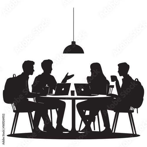Silhouette of diverse young adults collaborating on laptops at a table in a cafe under a pendant light