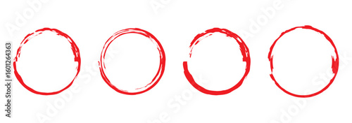 Set of red grunge circles shapes, grunge round shapes. Paint brush stamp collection. Vector brush circle. Red grunge circle stamp.
