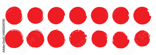 Grunge circles brush set. red circle frames. Round line of red paint. Grunge round shapes. Circular ink brush stroke fro design elements. Vector illustration.
