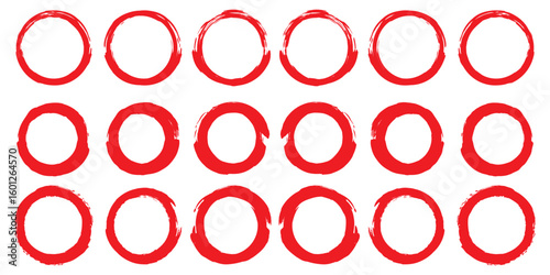 Grunge circles brush set. red circle frames. Round line of red paint. Grunge round shapes. Circular ink brush stroke fro design elements. Vector illustration.