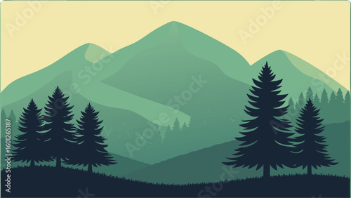 Clean minimalist mountain landscape illustration: serene green hills, evergreen trees, and a peaceful, calming mood.