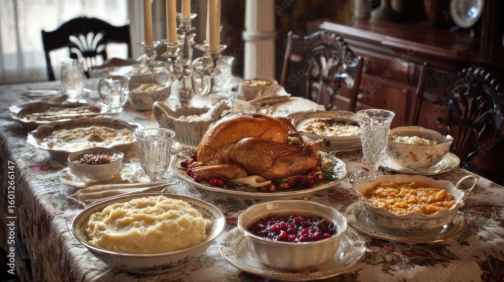 Thanksgiving feast on ornate table Thanksgiving feast on ornate table