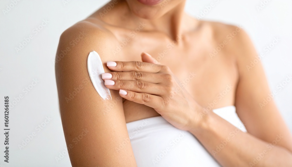 Fototapeta premium Woman applying lotion to her arm for skincare against a plain background