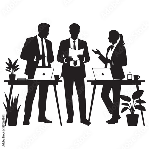 Silhouettes of three business professionals in suits standing at desks with laptops and plants discussing work collaboratively