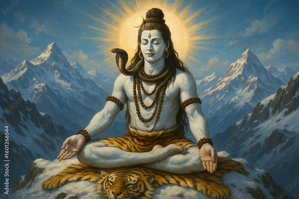 Fototapeta premium Lord Shiva Meditating on Snowy Himalayan Peaks with Radiant Halo