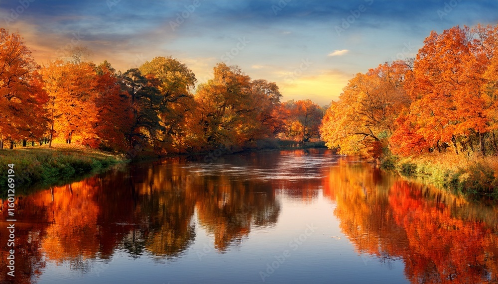 Fototapeta premium in autumn the river reflects the brilliant orange tones of the foliage