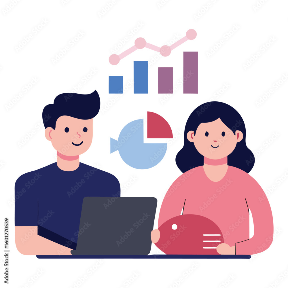 Fototapeta premium Couple reviewing monthly budget isolated on white background