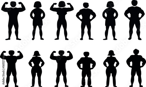 Silhouettes of diverse people showcase fitness, health, and body positivity concept