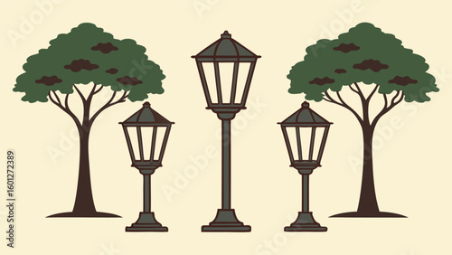 Vintage street lamps and trees in a park setting