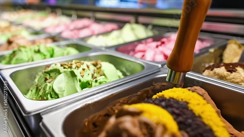 A display of colorful ice cream in metal containers