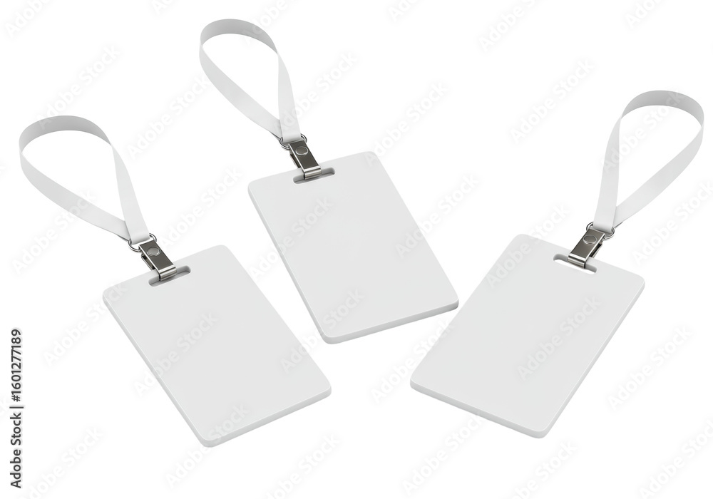 Fototapeta premium Three blank, white, rectangular id badges with white lanyards and metal clasps, arranged at unique angles on a bright, transparent studio background with no shadows, in ultra-realistic uhd product