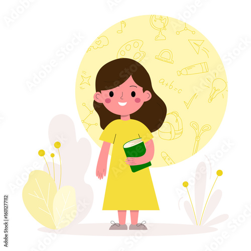 Cute schoolgirl holding a book with educational doodles in background. Flat cartoon illustration for back to school, learning and childhood themes. Bright and playful design.