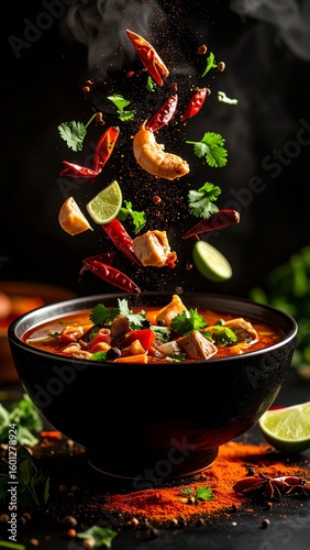 Artistic Food Composition: Spicy Mauritian Rougaille with Floating Ingredients Arrangement