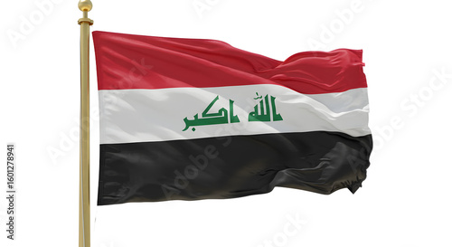 Vibrant Iraqi flag waving proudly, showcasing its colors while symbolizing national pride against a clear sky