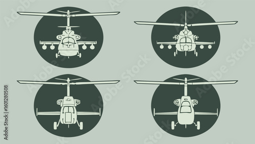 Four stylized helicopter icons in oval shapes